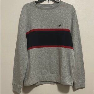 Nautica Gray and Red Crewneck Sweater with Stripes